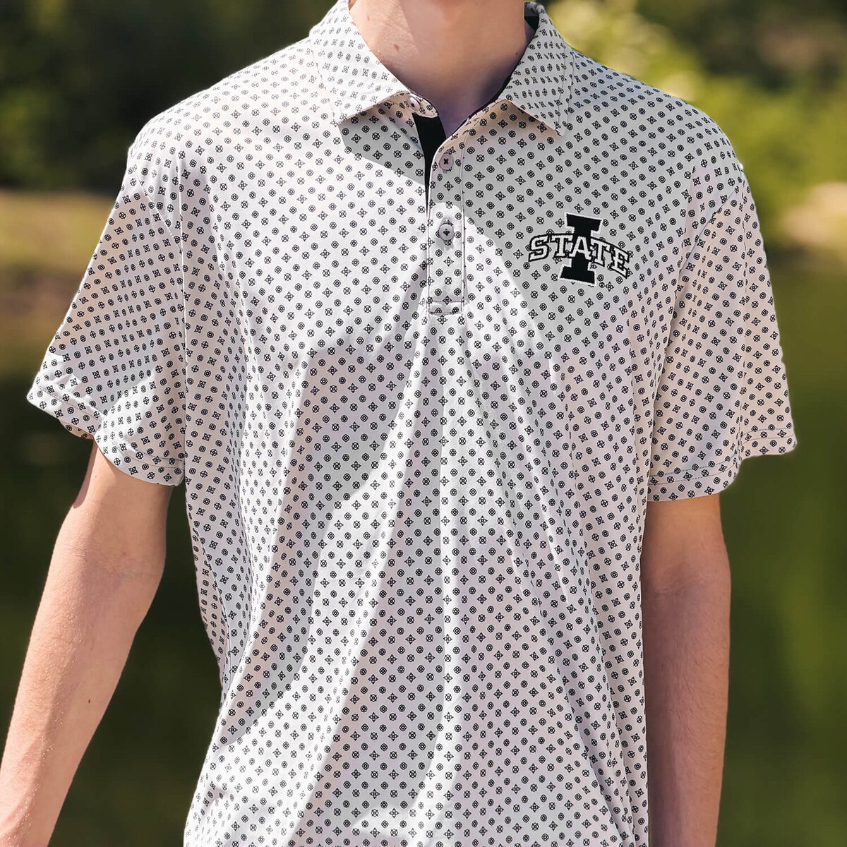 Swannies I-State Black and White Pattern Hazelwood Polo pattern close up